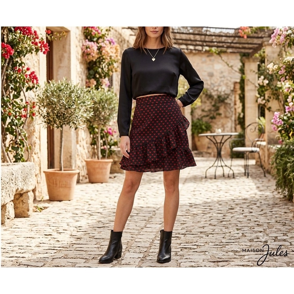 Maison Jules Heart Print Ruffle Skirt Small Black Red  Romantic Coquette NWT